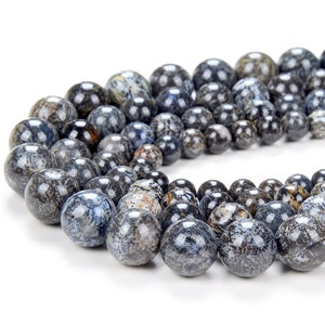 Peut inclure: Un ensemble de perles rondes et polies de différentes tailles. Les perles présentent un motif moucheté dans des tons de gris, de noir et des touches de bleu et de marron. Les perles sont enfilées, suggérant qu'elles sont destinées à la fabrication de bijoux ou à l'artisanat.
