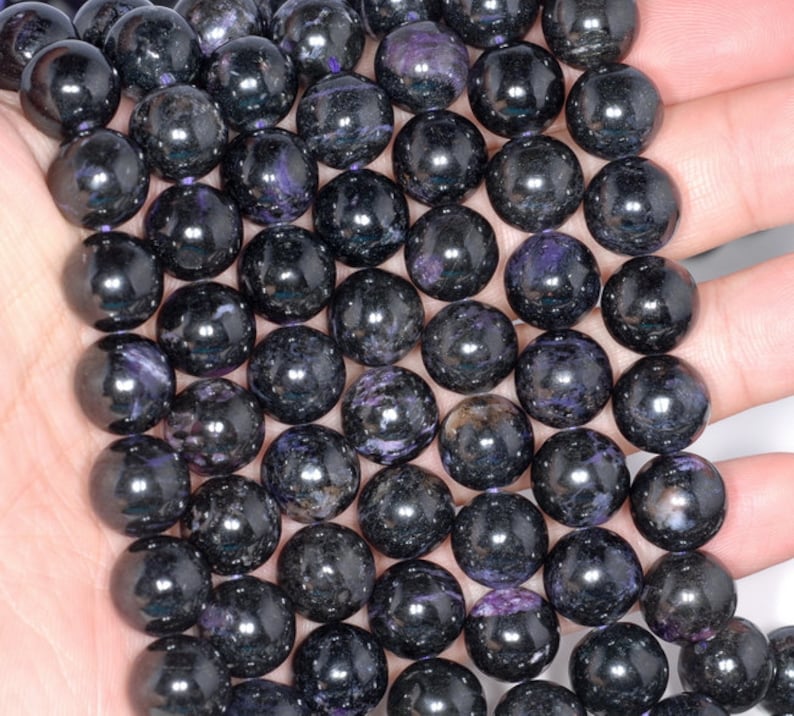 14mm Black Genuine Charoite Gemstone Round Loose Beads 15.5 Etsy