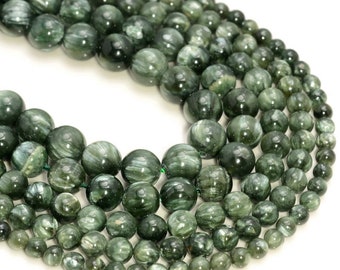 Genuine Natural Russian Seraphinite Clinochlore Gemstone Deep Green Smooth Grade AAA 4mm 5mm 6mm 7mm 8mm 9mm 10mm Round Loose Beads (A230)