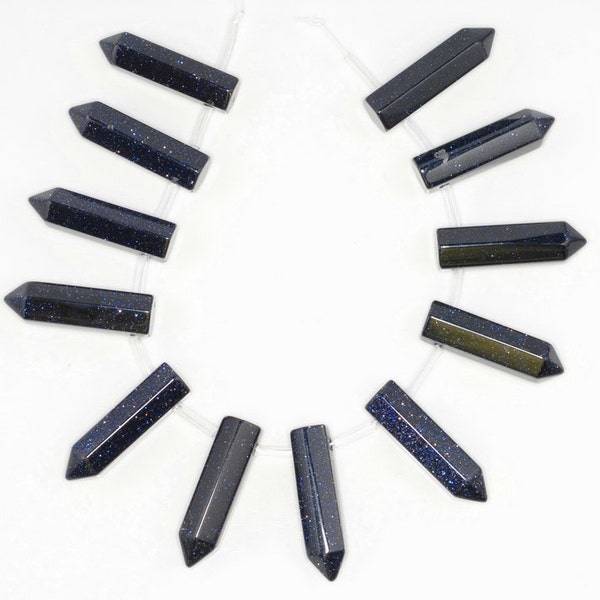 31x8mm Blue Sandstone Gemstone Point Healing Chakra Hexagonal Point Focal Bead Full Strand 12 Beads (90183764A-368)