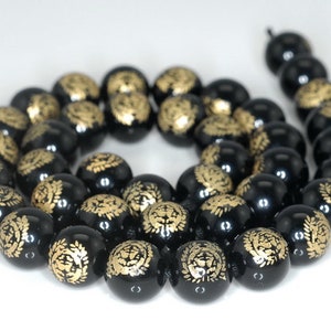 10mm 22k Gold Carved Black Agate Gemstone Round Loose Beads 15.5 inch Full Strand (90187306-723B)