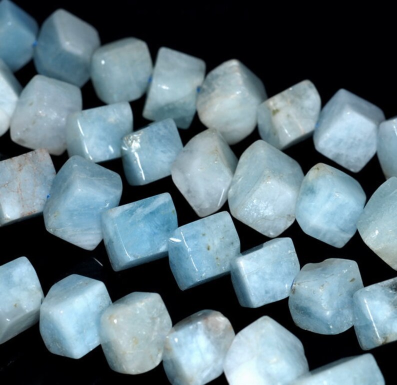 80001527-A99 10X9-9X8MM Aquamarine Gemstone Grade A Diagonal-Drill Square Cube Loose Beads 15.5 inch Full Strand