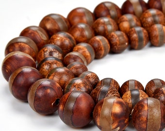 Green Brown Tibetan Dzi Agate Etched Line Ring Mala Antique Boho Beads Gemstone Round 8MM 10MM 12MM Loose Beads (D518)