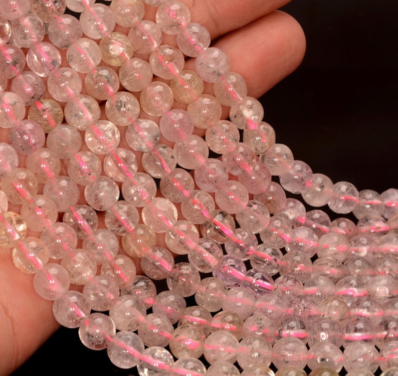 80005398-464 7-8mm Genuine Pink Gemmy Kunzite Gemstone Grade AA Transparent Pink Nugget Round Loose Beads 16 inch Full Strand