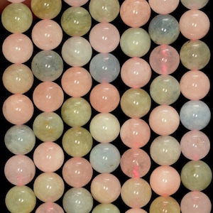 May include: A strand of round, smooth, pastel-coloured gemstone beads. The beads are a mix of light pink, light blue, and light green.