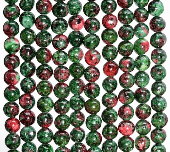 10MM SESAME JASPER GEMSTONE RUBY ZOISITE GREEN RED ROUND LOOSE BEADS 15.5/"
