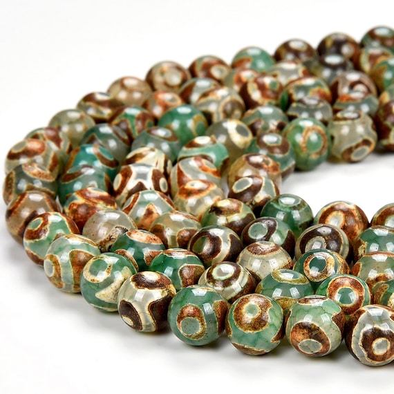 Green Tibetan Dzi Agate Etched Eye Mala Antique Boho Beads