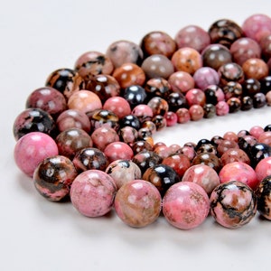 8mm Haitian Flower Rhodonite Gemstone Pink Black Round Loose Beads 15 inch Full Strand (80002570-805)