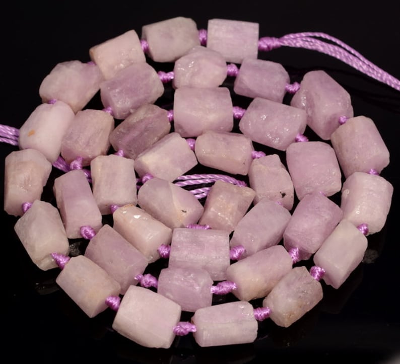 Genuine Natural Rough Kunzite Gemstone Pink Grade AAA 7x6-10x8MM Faceted Round Tube Loose Beads image 4
