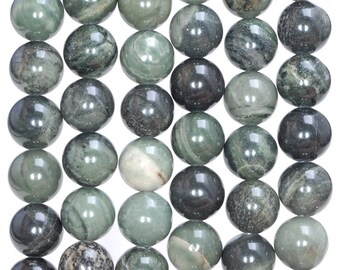 May include: A strand of round, green and black serpentine beads. The beads have a marbled pattern and are approximately 10mm in diameter.