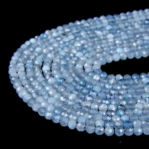 Micro Faceted Natural Aquamarine 2mm 3mm 4mm 6mm Faceted Round Beads Laser  Diamond Cut Real Genuine Blue Aquamarine Gemstone 15.5