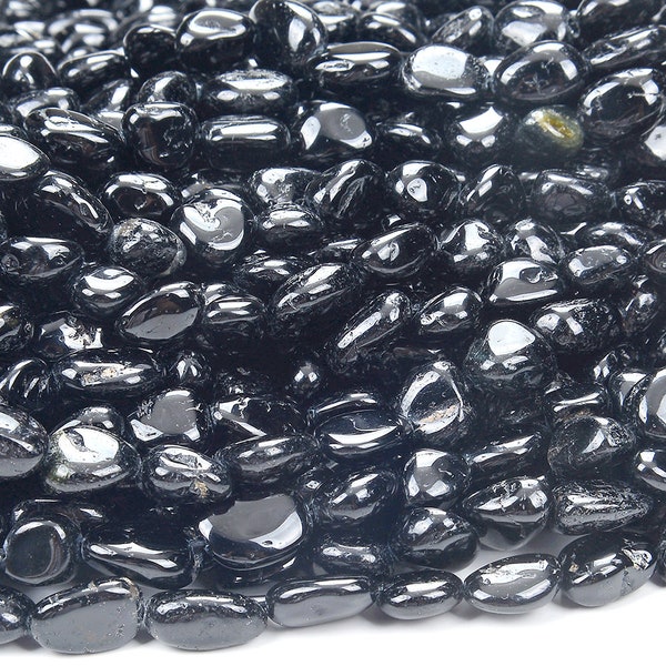 Natural Black Tourmaline Gemstone 8-10MM Pebble Nugget Loose Beads (D468)