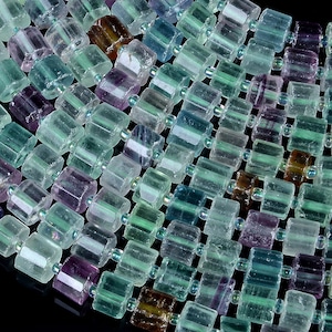 9x8-9x4MM Rainbow Fluorite Gemstone Faceted Cylinder Wheel Tube Loose Beads (S6)