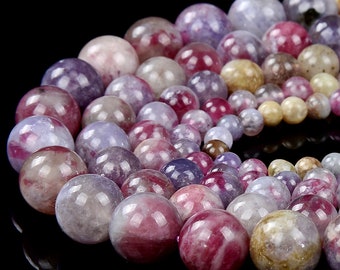 Natural Rare Unicorn Stone Pink Tourmaline in Purple Lepidolite Gemstone AAA Round 5MM 6MM 7MM 8MM 9MM 10MM 11MM 12MM 13MM Beads (D369 D370)