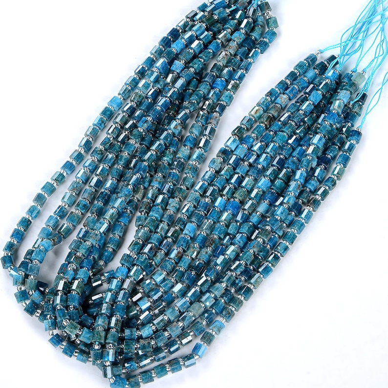 6X5MM Blue Apatite Gemstone Faceted Cylinder Wheel Tube Loose Beads S4