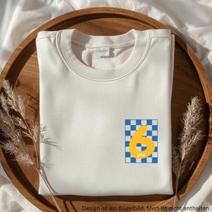 Könnte beinhalten: Ein cremefarbenes Sweatshirt mit Rundhalsausschnitt und einem Motiv auf der unteren rechten Seite. Das Motiv besteht aus einem blau-weißen Karomuster-Quadrat mit einer großen gelben Zahl 6 und dem Namen Levi in weißer Schrift.