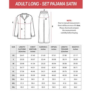 May include: Diagram of a satin pajama set, including a long-sleeved button-down shirt and matching trousers. The image includes a size chart with measurements in inches for length, chest width, sleeve, hips, trouser length, and waist.
