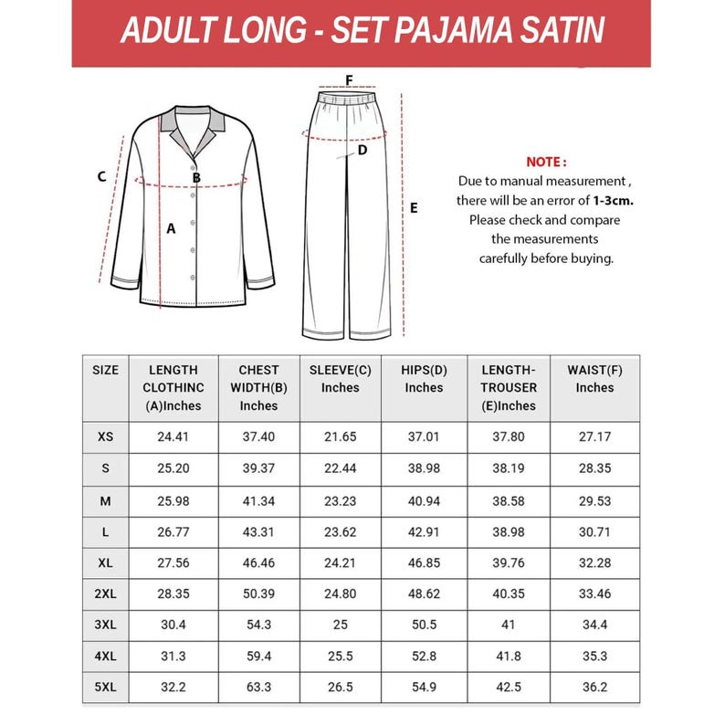 May include: Diagram of a satin pajama set, including a long-sleeved button-down shirt and matching trousers. The image includes a size chart with measurements in inches for length, chest width, sleeve, hips, trouser length, and waist.