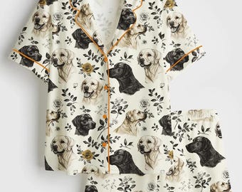 Pyjama labrador en satin de luxe, élégant pyjama floral pour amoureux des chiens, vêtements de nuit à manches longues pour maman pour animal de compagnie, cadeau unique labrador retriever pour elle