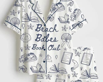 Book Coastal Beach Pajamas, Book Club Summer PJs, Silky Satin Short Sleeve Sleepwear, Beach Babes Reading Lounge, Coastal Aesthetic Gift Her