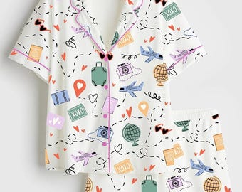 Women's Travel Anywhere Satin Pajama Set, Short Sleeve Vacation Sleepwear, Luxury Travel Gift, Airplane Mode PJs, Wanderlust Lounge Set