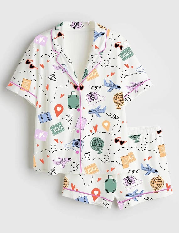 Women's Travel Anywhere Satin Pajama Set, Short Sleeve Vacation Sleepwear, Luxury Travel Gift, Airplane Mode PJs, Wanderlust Lounge Set