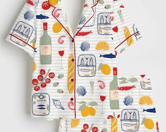 Mediterranean Coastal Pajamas, Sardines & Lobster Satin PJ Set, Italian Summer Sleepwear, Short Sleeve Lemon Wine Loungewear, Beach Gift Her