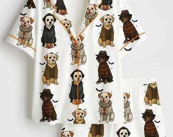 Pyjama en satin d'Halloween pour chien effrayant, pyjama à manches longues avec empreinte de pattes de chien, vêtement de détente d'Halloween pour femme, cadeau mignon pour maman chien fantôme