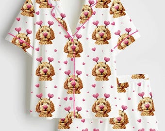 Pyjama pour chien Saint Valentin, pyjama en satin pour maman Goldendoodle, vêtement de détente coeur imitation tricot, ensemble de pyjama pour chien coeur rouge, cadeau d'anniversaire pour elle