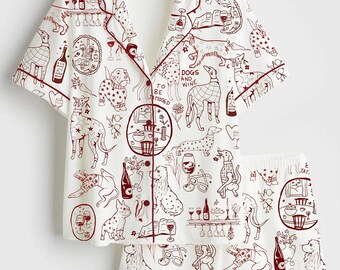 Pyjama en satin bordeaux et chien, Ensemble pyjama en soie à manches longues, Cadeau pour maman chien, Vêtements de détente pour amateurs de vin, Vêtements de nuit animaux mignons, Ensemble pyjama boutonné doux
