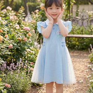 May include: A young girl in a light blue dress with a white collar and cap sleeves, standing in a garden. The dress features a tulle skirt and a small embroidered design. She wears white Mary Jane shoes.