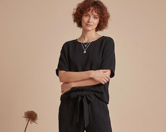 Black Cotton Lounge Set, Relaxed Fit Top, Wide Leg Pants, Travel Outfit