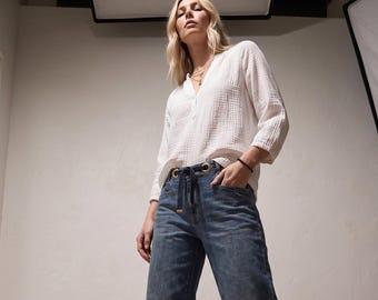 Blusa de gasa estilo bohemio / Túnica ligera de algodón con cuello en V, top de verano de corte holgado