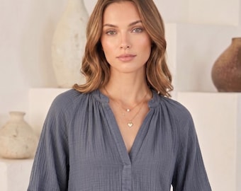 Grey Cotton Gauze Blouse | Soft Crinkle V-Neck Tunic Shirt