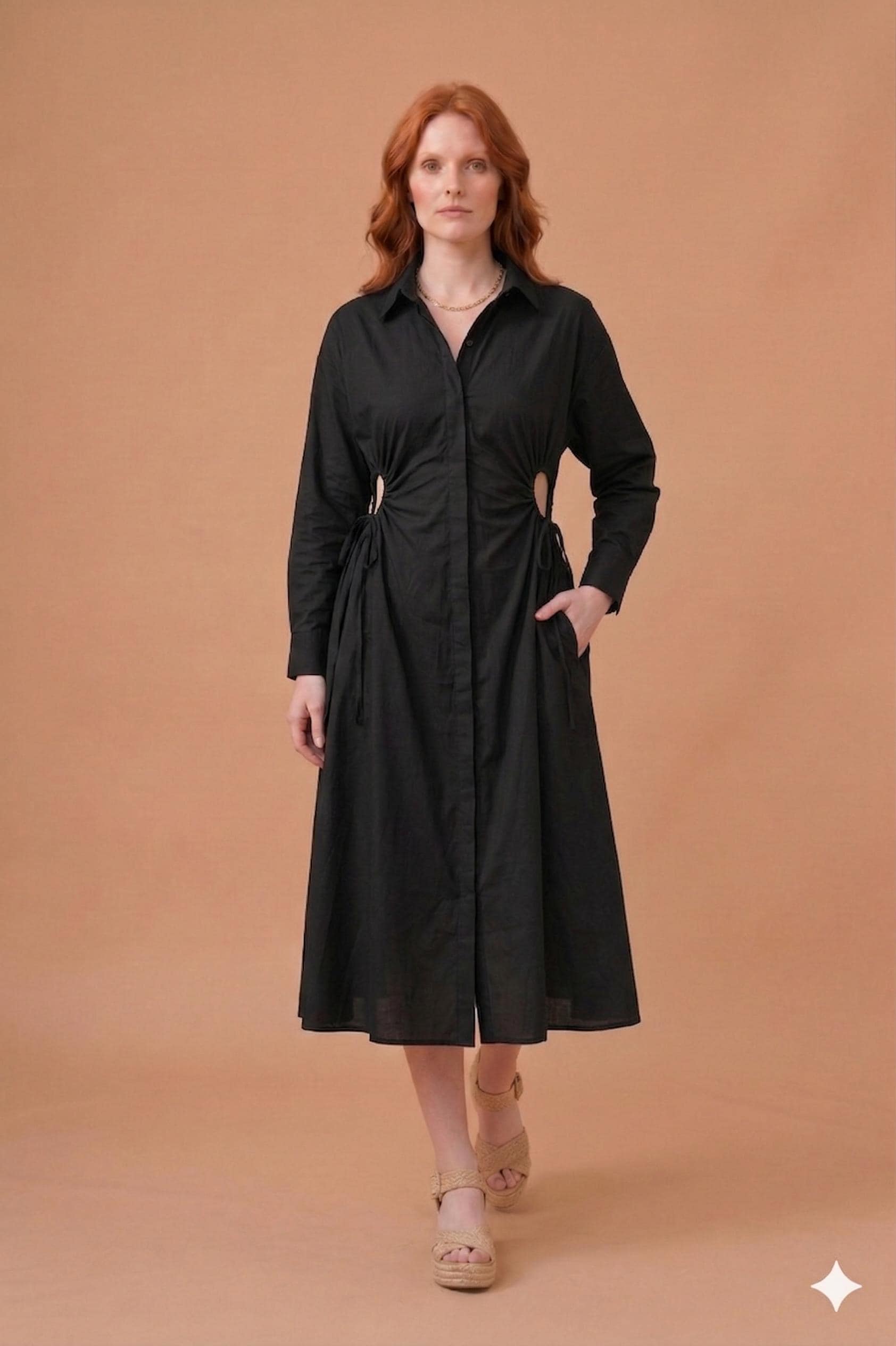 Black Midi Shirt Dress, Cut-out Waist, Long Sleeve A-line, Minimalist Cotton Everyday Outfit