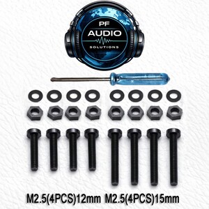May include: An assortment of black hardware components, including screws, nuts, and washers, along with a blue-handled screwdriver. The image also features a logo with headphones and the text "PF AUDIO SOLUTIONS".