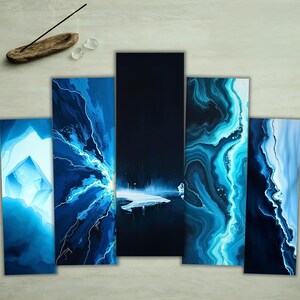 May include: Five-panel wall art featuring abstract blue and white designs. The artwork includes depictions of lightning, ice formations, and flowing patterns. An incense holder and crystals are in the upper left corner.