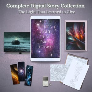May include: A digital story collection titled "The Light That Learned to Give" is displayed on a tablet, TV, and framed print. Additional items include bookmarks, a notepad, and a music player. The tablet displays a starry night sky.