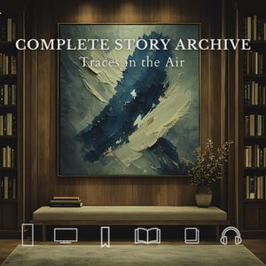 May include: A library interior with a large abstract painting in shades of blue and white. The painting hangs above a bench with books and a vase of dried flowers. The text "COMPLETE STORY ARCHIVE" and "Traces in the Air" are displayed above the painting.