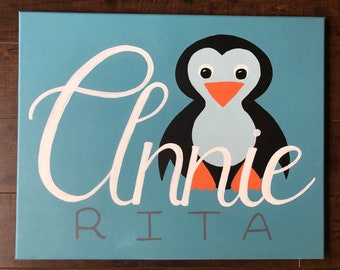 Penguin painting for kids room // Personalized Name Canvas // Hand Lettered Name sign // arctic themed nursery