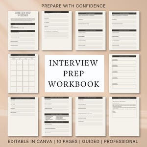 Förberedelsebok inför intervju | Redigerbar i Canva | Guide till jobbintervju | Mall för karriärarbetsbok | Förberedelse för intervjufrågor