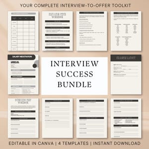Pode incluir: Um pacote digital de sucesso em entrevistas com uma coleção de modelos imprimíveis, incluindo um caderno de exercícios para elevator pitch, um guia de negociação salarial e folhas de preparação com texto preto em páginas brancas.
