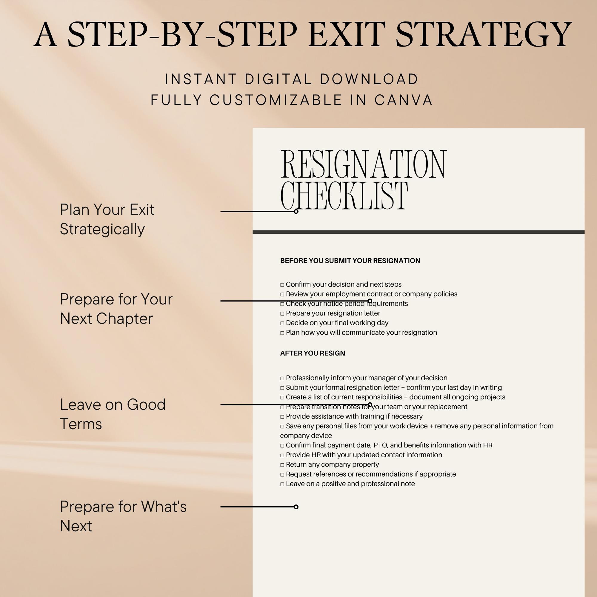 Resignation Letter Template + Checklist | Editable in Canva | Two Weeks ...