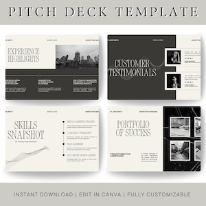 Peut inclure: Modèle de présentation minimaliste en niveaux de gris. Il comprend des sections pour les points forts de l'expérience, les témoignages clients, l'aperçu des compétences et le portfolio de réussite. Le texte est en police serif. Entièrement personnalisable.