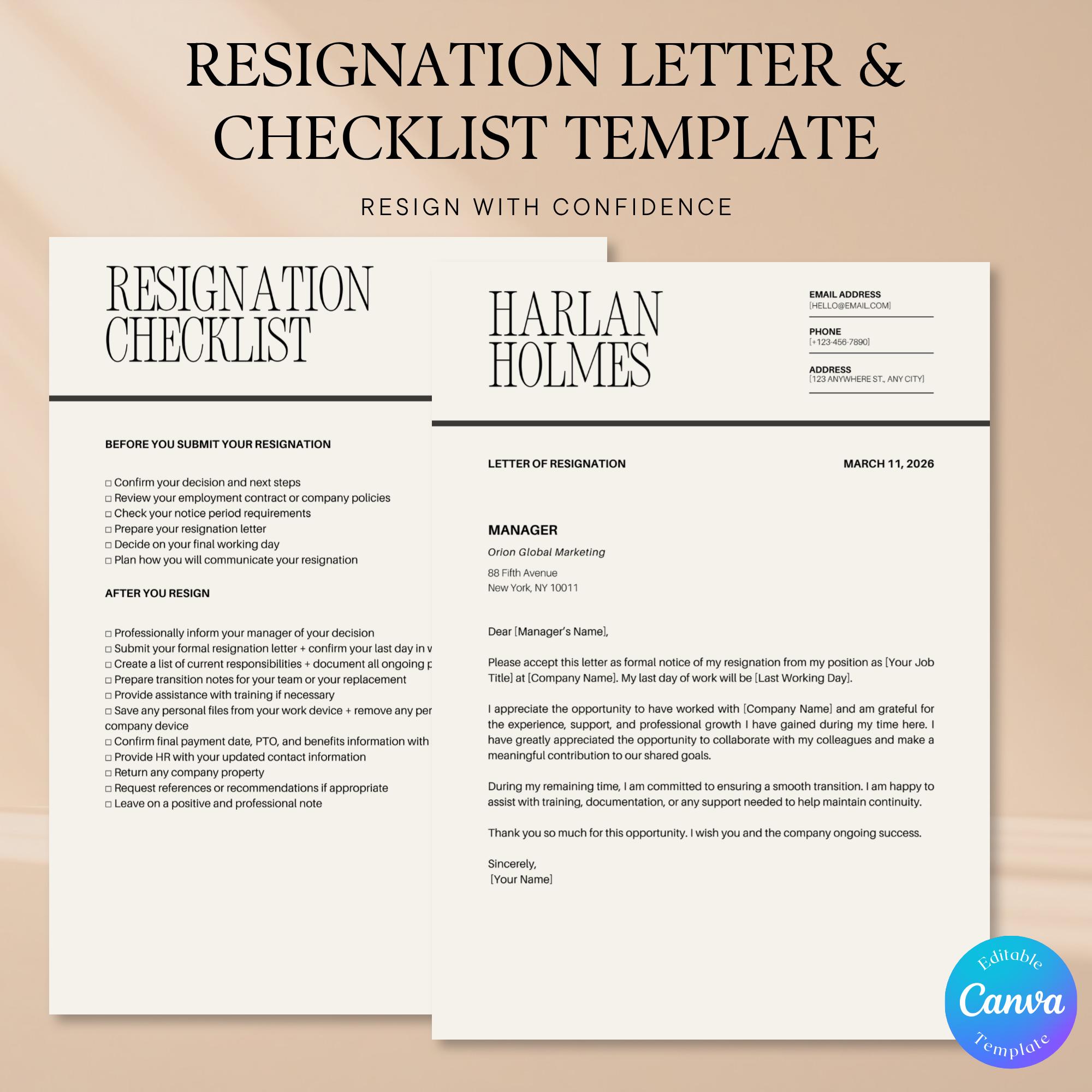 Resignation Letter Template + Checklist | Editable in Canva | Two Weeks ...