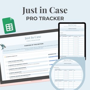 Puede incluir: Planificador digital titulado "Just in Case PRO TRACKER" que se muestra en una tableta y una computadora portátil. El planificador incluye secciones para contactos de emergencia, información médica y acuerdos legales.