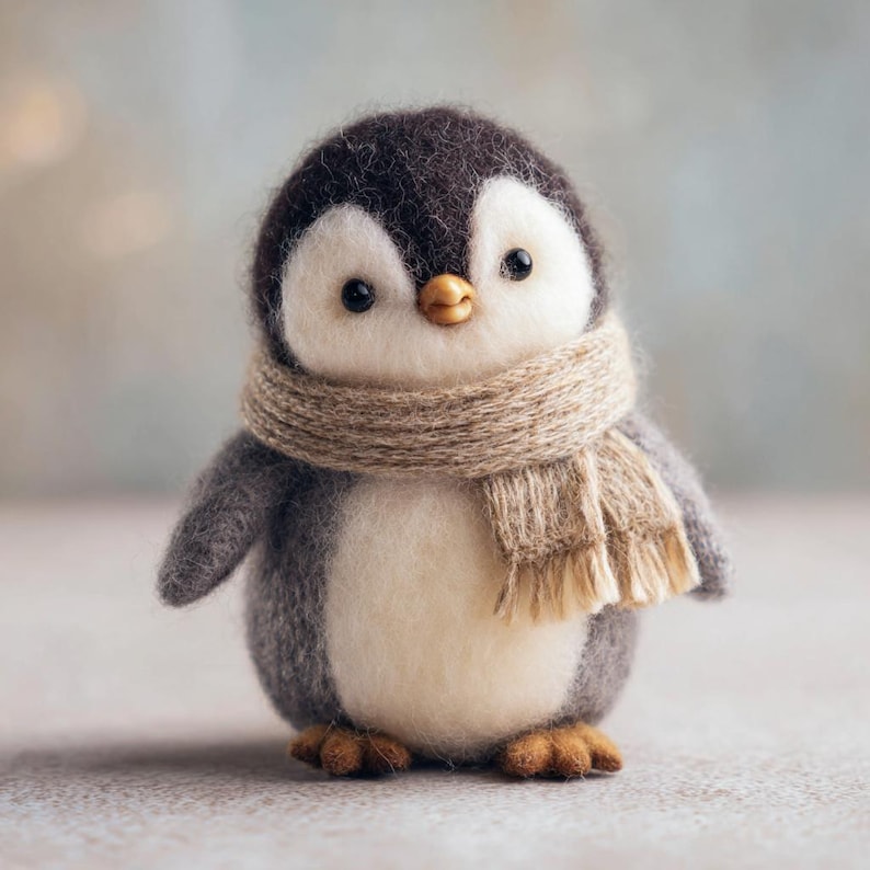May include: A handcrafted penguin figurine with a gray and white body, wearing a beige scarf. The penguin has a yellow beak and small, dark eyes. This adorable plush toy is perfect for home decor or as a gift.