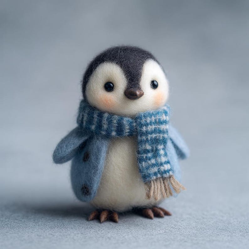 May include: A handcrafted felt penguin figurine with a black head, white face, and rosy cheeks. It wears a blue coat and a blue and white patterned scarf with tan fringe. The penguin has small brown feet and a light gray background.