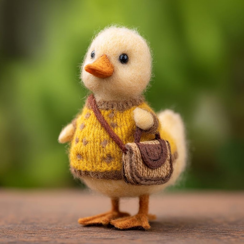 May include: A handcrafted, yellow duckling figurine wearing a yellow sweater with brown polka dots and a small brown satchel. The duckling has an orange beak and is standing on a wooden surface against a blurred green background.