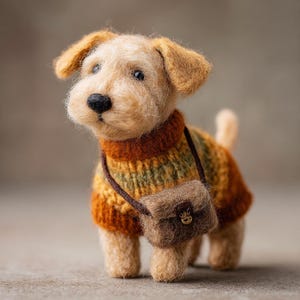 May include: A handcrafted, light brown dog figurine with a black nose and floppy ears. The dog wears an orange, green, and brown striped sweater and a small brown purse. The dog is standing on a neutral surface.